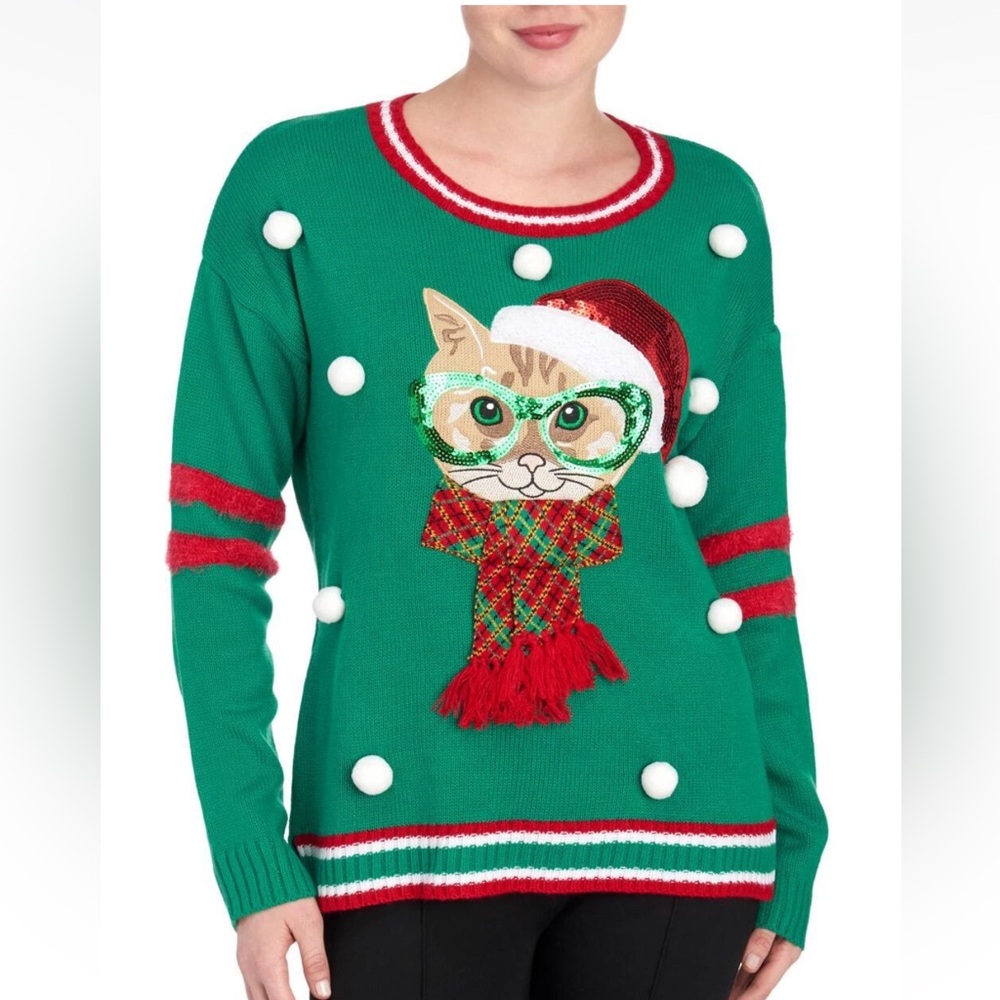 Women’s Cat Wearing Glasses Christmas Sweater with Pompoms Green SZ M